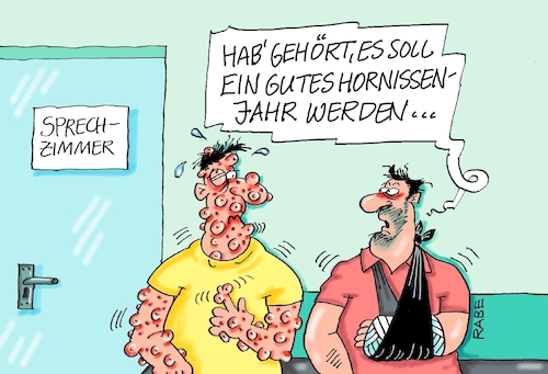 Cartoon: Hornissenjahr (medium) by RABE tagged klima,klimaziele,klimawende,ampel,wissing,streit,umsetzung,rabe,ralf,böhme,cartoon,karikatur,pressezeichnung,farbcartoon,tagescartoon,dürre,klimakatastrophe,wüste,trockenheit,insekten,insektensterben,bienen,hornissen,wespen,arzt,sprechzimmer,patienten,insektenstiche,hornissebstiche,wespenstiche,klima,klimaziele,klimawende,ampel,wissing,streit,umsetzung,rabe,ralf,böhme,cartoon,karikatur,pressezeichnung,farbcartoon,tagescartoon,dürre,klimakatastrophe,wüste,trockenheit,insekten,insektensterben,bienen,hornissen,wespen,arzt,sprechzimmer,patienten,insektenstiche,hornissebstiche,wespenstiche