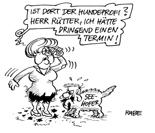 Cartoon: Hundeprofi (medium) by RABE tagged merkel,kanzlerin,cdu,berlin,bundesregierung,koalition,koalitionspartener,seehofer,csu,bayern,parteivorsitz,betreuungsgeld,herdprämie,streit,zank,zoff,hund,dackel,wadenbeisser,martin,rütter,hundeprofi,hundetrainer,hundeschule,beisser,hundeleine,maulkorb,beisskorb,merkel,kanzlerin,cdu,berlin,bundesregierung,koalition,koalitionspartener,seehofer,bayern