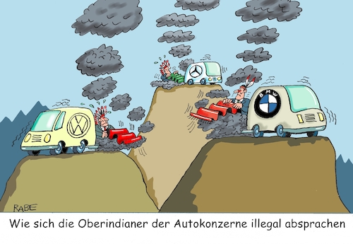 Cartoon: Illegale Absprachen (medium) by RABE tagged feinstaub,feinstaubdiskussion,diesel,diesefahrverbot,innenstädte,vw,abgasnormen,rabe,ralf,böhme,cartoon,karikatur,pressezeichnung,farbcartoon,tagescartoon,autobosse,oberindianer,rauchzeichen,berge,absprachen,eu,bmw,benz,mercedes,daimler,abgastechnologien,autofahrer,abgasreinigung,kommission,milliardenstrafen,feinstaub,feinstaubdiskussion,diesel,diesefahrverbot,innenstädte,vw,abgasnormen,rabe,ralf,böhme,cartoon,karikatur,pressezeichnung,farbcartoon,tagescartoon,autobosse,oberindianer,rauchzeichen,berge,absprachen,eu,bmw,benz,mercedes,daimler,abgastechnologien,autofahrer,abgasreinigung,kommission,milliardenstrafen