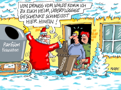 Cartoon: In die Tonne (medium) by RABE tagged weihnachten,weihnachtsmann,nikolaus,nikolaustag,stiefel,nikolausstiefelmichel,cartoon,karikatur,pressezeichnung,farbcartoon,tagescartoon,rute,besen,geschenke,dezember,abfall,tonne,mülltonne,müllcontainer,verpackungen,socken,krawatte,parfüm,schlitten,mülltonnen,weihnachten,weihnachtsmann,nikolaus,nikolaustag,stiefel,nikolausstiefelmichel,cartoon,karikatur,pressezeichnung,farbcartoon,tagescartoon,rute,besen,geschenke,dezember,abfall,tonne,mülltonne,müllcontainer,verpackungen,socken,krawatte,parfüm,schlitten,mülltonnen