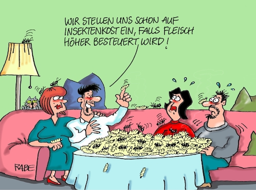 Cartoon: Insektenkost (medium) by RABE tagged klimawandel,umwelt,umweltministerin,schulze,sp,klimapreis,heizung,auto,rabe,ralf,böhme,cartoon,karikatur,pressezeichnung,farbcartoon,tagescartoon,brücke,bettler,verkehr,klimaprämie,friday,for,future,fleisch,fleischkonsum,mehrwertsteuererhöhung,mehrwertsteuer,besteuerung,grüne,bauern,viehhalter,agragbetriebe,fiskus,fleischverzehr,maden,insekten,ameisen,insektenburger,eiweiß,klimawandel,umwelt,umweltministerin,schulze,sp,klimapreis,heizung,auto,rabe,ralf,böhme,cartoon,karikatur,pressezeichnung,farbcartoon,tagescartoon,brücke,bettler,verkehr,klimaprämie,friday,for,future,fleisch,fleischkonsum,mehrwertsteuererhöhung,mehrwertsteuer,besteuerung,grüne,bauern,viehhalter,agragbetriebe,fiskus,fleischverzehr,maden,insekten,ameisen,insektenburger,eiweiß