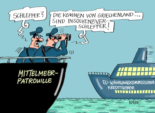 Cartoon: Insolvenzverschlepper (medium) by RABE tagged griechenland,athen,rettungsschirm,banken,schlepper,mittelmeer,rettungsboote,patrouille,rabe,ralf,böhme,cartoon,karikatur,pressezeichnung,farbcartoon,tagescarttoon,kredit,kreditgeber,eu,brüssel,währungskommission,griechenland,athen,rettungsschirm,banken,schlepper,mittelmeer,rettungsboote,patrouille,rabe,ralf,böhme,cartoon,karikatur,pressezeichnung,farbcartoon,tagescarttoon,kredit,kreditgeber,eu,brüssel,währungskommission