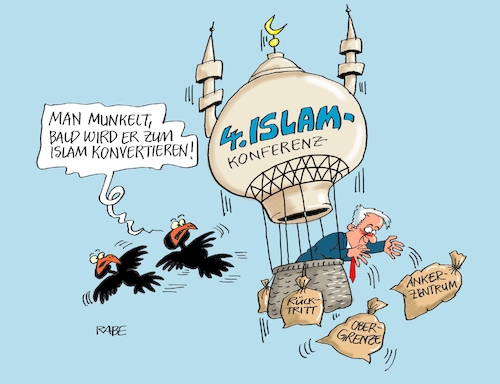 Cartoon: Islamkonferenz (medium) by RABE tagged markus,söder,csu,bayern,münchen,landesvorsitzender,horst,seehofer,merkel,cdu,union,streit,unionstreit,asylstreit,ultimatum,grenze,zurückweisung,flüchtlinge,grenzkontrollen,innenminister,innenministerkonferenz,islam,islamisten,islamkonferenz,konfertieren,moschee,gebet,koran,gelder,vereine,markus,söder,csu,bayern,münchen,landesvorsitzender,horst,seehofer,merkel,cdu,union,streit,unionstreit,asylstreit,ultimatum,grenze,zurückweisung,flüchtlinge,grenzkontrollen,innenminister,innenministerkonferenz,islam,islamisten,islamkonferenz,konfertieren,moschee,gebet,koran,gelder,vereine