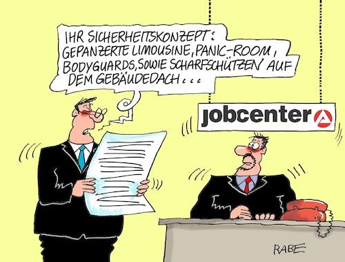 Cartoon: Jobcentersicherheit (medium) by RABE tagged job,jobcenter,sicherheit,sicherheitskonzept,rabe,ralf,böhme,cartoon,karikatur,pressezeichnung,farbcartoon,tagescartoon,attentat,anschlag,belästigung,erpressung,limousine,scharfschützen,bodyguard,panicroom,job,jobcenter,sicherheit,sicherheitskonzept,rabe,ralf,böhme,cartoon,karikatur,pressezeichnung,farbcartoon,tagescartoon,attentat,anschlag,belästigung,erpressung,limousine,scharfschützen,bodyguard,panicroom