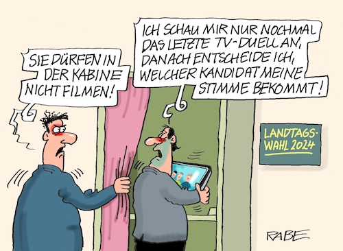 Cartoon: Kabinenpersonal (medium) by RABE tagged landtagswahl,thüringen,septemper,cdu,afd,mario,voigt,bernd,höcke,tv,duell,fernsehduell,rabe,ralf,böhme,cartoon,karikatur,pressezeichnung,farbcartoon,tagescartoon,sachsen,wahlkabine,wahlhelfer,wähler,landtagswahl,thüringen,septemper,cdu,afd,mario,voigt,bernd,höcke,tv,duell,fernsehduell,rabe,ralf,böhme,cartoon,karikatur,pressezeichnung,farbcartoon,tagescartoon,sachsen,wahlkabine,wahlhelfer,wähler