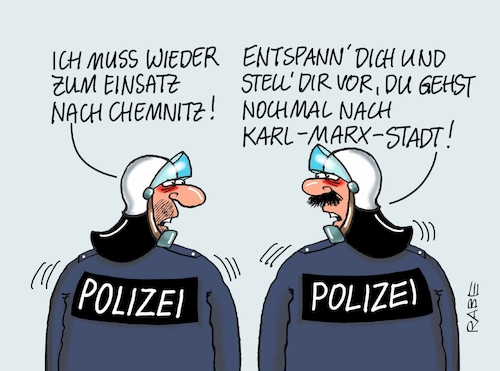 Cartoon: Karl Marx Stadt (medium) by RABE tagged chemnitz,karl,marx,stadt,hetzjagd,polizei,polizist,polizeieinsatz,mob,sachsen,rechte,messerstecher,syrer,rabe,ralf,böhme,cartoon,karikatur,pressezeichnung,farbcartoon,tagescartoon,aufmarsch,rechtsstaat,pegida,afd,gewalt,terror,flüchtlingskrise,eskalation,chemnitz,karl,marx,stadt,hetzjagd,polizei,polizist,polizeieinsatz,mob,sachsen,rechte,messerstecher,syrer,rabe,ralf,böhme,cartoon,karikatur,pressezeichnung,farbcartoon,tagescartoon,aufmarsch,rechtsstaat,pegida,afd,gewalt,terror,flüchtlingskrise,eskalation