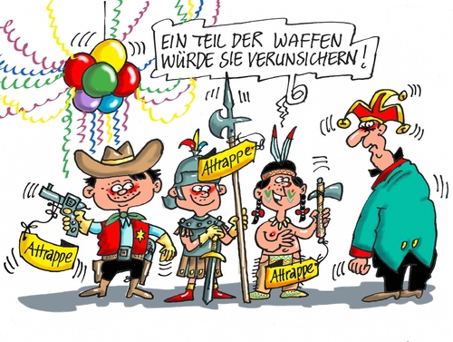 Cartoon: Karnevalterror (medium) by RABE tagged karneval,fasching,terror,kinderfasching,kostüm,waffen,indianer,cowboy,ritter,rabe,ralf,böhme,cartoon,karikatur,pressezeichnung,farbcartoon,tagescartoon,flüchtlinge,flüchtlingskrise,is,islamisten,übergriffe,attentat,schwert,pistole,axt,narren,karneval,fasching,terror,kinderfasching,kostüm,waffen,indianer,cowboy,ritter,rabe,ralf,böhme,cartoon,karikatur,pressezeichnung,farbcartoon,tagescartoon,flüchtlinge,flüchtlingskrise,is,islamisten,übergriffe,attentat,schwert,pistole,axt,narren