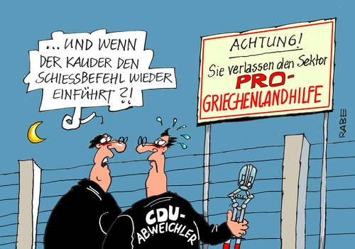 Cartoon: Kauder (medium) by RABE tagged kauder,cdu,griechenlandhilfe,abweichler,rettungspaket,bundestag,abstimmung,eu,euro,rabe,ralf,böhme,cartoon,karikatur,pressezeichnung,farbcartoon,tagescartoon,zaun,grenze,sekto,schiessbefahl,stacheldraht,bolzenschneider,kauder,cdu,griechenlandhilfe,abweichler,rettungspaket,bundestag,abstimmung,eu,euro,rabe,ralf,böhme,cartoon,karikatur,pressezeichnung,farbcartoon,tagescartoon,zaun,grenze,sekto,schiessbefahl,stacheldraht,bolzenschneider