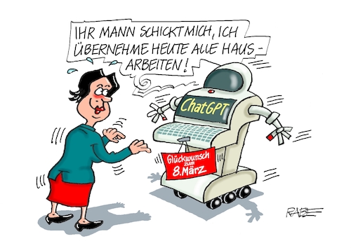 Cartoon: KI zum Frauentag (medium) by RABE tagged frauentag,frauen,achter,märz,glückwünsche,männer,kalender,blumen,rabe,ralf,böhme,cartoon,karikatur,pressezeichnung,farbcartoon,tagescartoon,ki,intelligenz,chatgpt,roboter,hausarbeit,putzen,waschen,frauentag,frauen,achter,märz,glückwünsche,männer,kalender,blumen,rabe,ralf,böhme,cartoon,karikatur,pressezeichnung,farbcartoon,tagescartoon,ki,intelligenz,chatgpt,roboter,hausarbeit,putzen,waschen