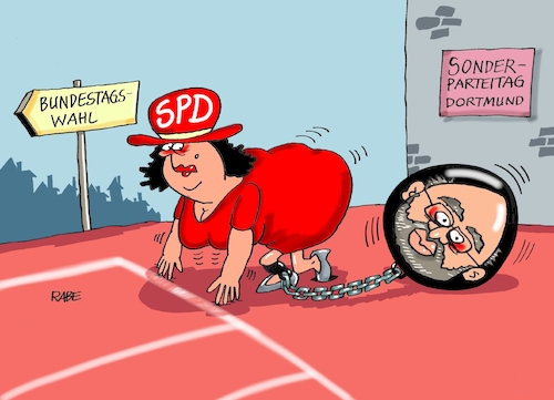 Cartoon: Klotz am Bein (medium) by RABE tagged martin,schulz,spd,wahlkampf,bundestagswahl,beamte,rentenkasse,rabe,ralf,böhme,cartoon,karikatur,pressezeichnung,farbcartoon,tagescartoon,rentner,nahles,gleichberechtigung,sonderparteitag,dortmund,wahlprogramm,einschwörung,altkanzler,schröder,wettlauf,start,kette,fußfessel,martin,schulz,spd,wahlkampf,bundestagswahl,beamte,rentenkasse,rabe,ralf,böhme,cartoon,karikatur,pressezeichnung,farbcartoon,tagescartoon,rentner,nahles,gleichberechtigung,sonderparteitag,dortmund,wahlprogramm,einschwörung,altkanzler,schröder,wettlauf,start,kette,fußfessel