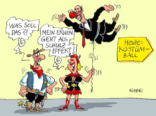 Cartoon: Kostümball (medium) by RABE tagged schulz,martin,spd,kanzlerkandidat,effekt,cdu,union,umfragewerte,rabe,ralf,böhme,cartoon,karikatur,pressezeichnung,farbcartoon,tagescartoon,karneval,fasching,kostüm,kostümball,sheriff,teufel,ballon,höhenflug,schulzeffekt,schulz,martin,spd,kanzlerkandidat,effekt,cdu,union,umfragewerte,rabe,ralf,böhme,cartoon,karikatur,pressezeichnung,farbcartoon,tagescartoon,karneval,fasching,kostüm,kostümball,sheriff,teufel,ballon,höhenflug,schulzeffekt