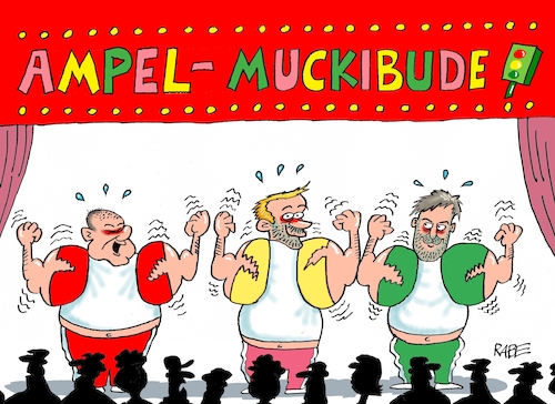 Cartoon: Kraftmeierei (medium) by RABE tagged ampel,ampelregierung,rot,grün,gelb,fdp,spd,grüne,rabe,ralf,böhme,cartoon,karikatur,pressezeichnung,farbcartoon,tagescartoon,inflation,einkommen,rente,rentenpaket,bruch,streit,neuwahlen,haushaltsstreit,witschaftskrise,finanzkrise,haushaltsloch,steuerschätzung,lindner,habeck,deutschlandfond,uneinigkeit,haushaltslücke,steuerentlastung,investitionsfond,richtungsentscheid,muckis,muckibude,kraftsport,muskeln,ampel,ampelregierung,rot,grün,gelb,fdp,spd,grüne,rabe,ralf,böhme,cartoon,karikatur,pressezeichnung,farbcartoon,tagescartoon,inflation,einkommen,rente,rentenpaket,bruch,streit,neuwahlen,haushaltsstreit,witschaftskrise,finanzkrise,haushaltsloch,steuerschätzung,lindner,habeck,deutschlandfond,uneinigkeit,haushaltslücke,steuerentlastung,investitionsfond,richtungsentscheid,muckis,muckibude,kraftsport,muskeln