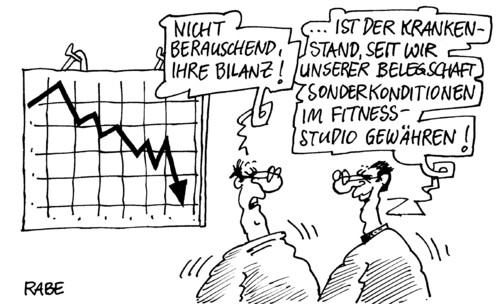 Cartoon: Krankenstand (medium) by RABE tagged unternehmen,belegschaft,aufschwung,bilanz,gewährleistung,sonderkondition,kondition,fitnessstudio,fitness,krankschreibung,gesundheit,fit,mitarbeiter,krankenstand,bilanzierung,stress,erholung,geist,körper,patient,arzt,chefetage,chef,bilanz,aufschwung,belegschaft,mitarbeiter,gesundheit,krankschreibung,fitness