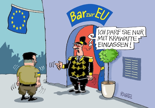 Cartoon: Krawattenpflicht (medium) by RABE tagged eu,brüssel,rede,nation,lage,uschi,ursula,von,der,leyen,rabe,ralf,böhme,cartoon,karikatur,pressezeichnung,farbcartoon,tagescartoon,beitritt,beitrittserklärung,selenskyj,ukraine,beitrittsgespräche,einlassdienst,türsteher,bar,club,abendgarderobe,schlips,binder,krawatte,krawattenzwang,eu,brüssel,rede,nation,lage,uschi,ursula,von,der,leyen,rabe,ralf,böhme,cartoon,karikatur,pressezeichnung,farbcartoon,tagescartoon,beitritt,beitrittserklärung,selenskyj,ukraine,beitrittsgespräche,einlassdienst,türsteher,bar,club,abendgarderobe,schlips,binder,krawatte,krawattenzwang