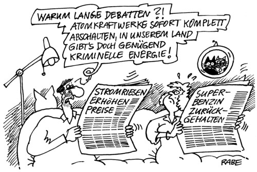 Cartoon: Kriminelle Energie (medium) by RABE tagged energie,krimi,kriminell,bundesregierung,kanzlerin,cdu,verbrecher,debatten,bundestag,atomenergie,atomlobby,atomausstieg,atmkraftwerk,atommeiler,stromkonzerne,stromriesen,eon,elektrizität,strompreis,abzocken,stromtrasse,e10,kraftstoff,tankstelle,biosprit,super,benzin,euro,krise,moratorium,kernkraftwerk,brennstäbe,brennelemente,kripo,preiserhöhung,stromzähler,land,mann,frau,ehepaar,couch,stehlampe,katzen,zeitung,pressemeldung,nachrichten,schlagzeile,kernenrgiedebatten,energie,krimi,bundesregierung,kanzlerin,verbrecher,debatten,atomenergie,atomlobby