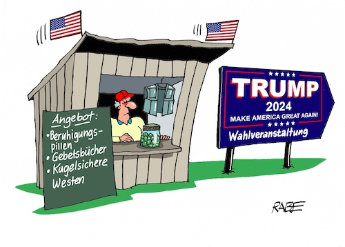 Cartoon: Kugelsicher (medium) by RABE tagged trump,biden,usa,vorwahlen,präsidentschaftswahl,rabe,ralf,böhme,cartoon,karikatur,pressezeichnung,farbcartoon,tagescartoon,hai,haifisch,floss,floß,nato,untergang,bedrohung,bude,kiosk,wahlveranstaltung,kugelsicher,weste,bibel,beruhigungspillen,attentat,anschlag,sicherheit,trump,biden,usa,vorwahlen,präsidentschaftswahl,rabe,ralf,böhme,cartoon,karikatur,pressezeichnung,farbcartoon,tagescartoon,hai,haifisch,floss,floß,nato,untergang,bedrohung,bude,kiosk,wahlveranstaltung,kugelsicher,weste,bibel,beruhigungspillen,attentat,anschlag,sicherheit