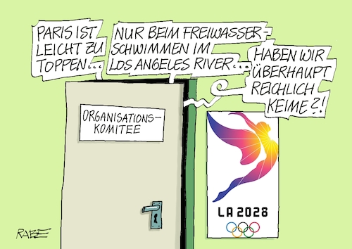 Cartoon: LA Olympiabüro (medium) by RABE tagged olympiade,sommerspiele,sport,paris,cartoon,karikatur,pressezeichnung,farbcartoon,tagescartoon,treppchen,podest,siegerehrung,siegerpodest,hund,herrchen,training,ringe,fische,seine,fluß,luftblasen,verschmutzung,keime,väkalien,los,angeles,la,river,organisationskomitee,olympiade,sommerspiele,sport,paris,cartoon,karikatur,pressezeichnung,farbcartoon,tagescartoon,treppchen,podest,siegerehrung,siegerpodest,hund,herrchen,training,ringe,fische,seine,fluß,luftblasen,verschmutzung,keime,väkalien,los,angeles,la,river,organisationskomitee