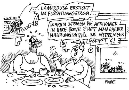 Cartoon: Lampedusa (medium) by RABE tagged lampedusa,tunesien,flüchtlingsstrom,afrika,ägypten,migranten,umbruch,mubarak,bundesregierung,kanzlerin,außenminister,italien,flüchtlinge,bootpeople,mittelmeer,nahrungsmittel,küste,meer,boot,kippen,mann,frau,ehepaar,frühstückstisch,radio,nachrichten,ersticken,teller,tassen,messer,balkontüre,katzen,küchenstuhl,westerwelle,fdp,wahlhilfe,flüchtlinge,lampedusa,italien,tunesien,mittelmeer,küste,afrika