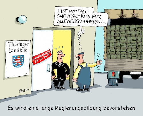 Cartoon: Landtagswahl Thüringen (medium) by RABE tagged landtagswahlen,wahlergebnisse,sachsen,brandenburg,groko,spd,cdu,rabe,ralf,böhme,cartoon,karikatur,pressezeichnung,farbcartoon,tagescartoon,arzt,doktor,csu,afd,verluste,rechte,populismus,thüringen,ministerpräsident,ramelow,linke,grüne,regierungsbildung,lkw,survivalkit,abgeordnete,landtagswahlen,wahlergebnisse,sachsen,brandenburg,groko,spd,cdu,rabe,ralf,böhme,cartoon,karikatur,pressezeichnung,farbcartoon,tagescartoon,arzt,doktor,csu,afd,verluste,rechte,populismus,thüringen,ministerpräsident,ramelow,linke,grüne,regierungsbildung,lkw,survivalkit,abgeordnete