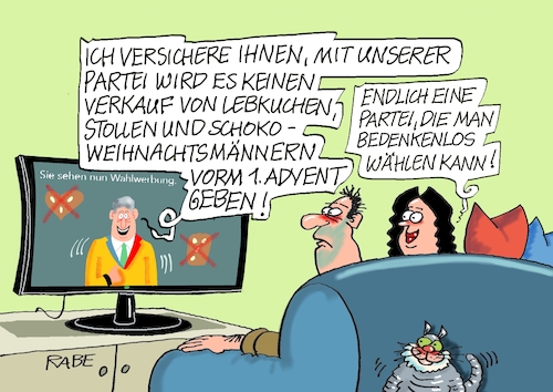 Cartoon: Lebkuchenpartei (medium) by RABE tagged landtagswahl,thüringen,septemper,cdu,afd,mario,voigt,bernd,höcke,tv,duell,fernsehduell,rabe,ralf,böhme,cartoon,karikatur,pressezeichnung,farbcartoon,tagescartoon,sachsen,wagenknecht,bsw,lebkuchen,weihnachten,stollen,schokoweihnachtsmänner,advent,supermarkt,verkauf,landtagswahl,thüringen,septemper,cdu,afd,mario,voigt,bernd,höcke,tv,duell,fernsehduell,rabe,ralf,böhme,cartoon,karikatur,pressezeichnung,farbcartoon,tagescartoon,sachsen,wagenknecht,bsw,lebkuchen,weihnachten,stollen,schokoweihnachtsmänner,advent,supermarkt,verkauf