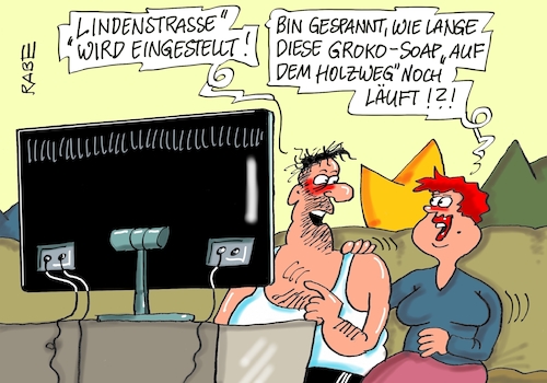 Cartoon: Lindenstraße II (medium) by RABE tagged lindenstraße,tv,ard,mutter,beimer,seifenoper,rabe,ralf,böhme,cartoon,karikatur,pressezeichnung,farbcartoon,tagescartoon,groko,berlin,bundesregierung,holzweg,merkel,cdu,union,seehofer,csu,spd,nahles,parteispitze,lindenstraße,tv,ard,mutter,beimer,seifenoper,rabe,ralf,böhme,cartoon,karikatur,pressezeichnung,farbcartoon,tagescartoon,groko,berlin,bundesregierung,holzweg,merkel,cdu,union,seehofer,csu,spd,nahles,parteispitze