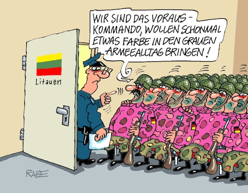 Cartoon: Litauenmission (medium) by RABE tagged bundeswehr,pistorius,kriegstüchtigkeit,deutschland,armee,cartoon,karikatur,pressezeichnung,farbcartoon,tagescartoon,kriegsführung,litauen,ostflanke,vorauskommando,soldaten,natoerweiterung,uniform,pink,pinkfarbe,fussball,fussballtrikot,nationalelf,bundeswehr,pistorius,kriegstüchtigkeit,deutschland,armee,cartoon,karikatur,pressezeichnung,farbcartoon,tagescartoon,kriegsführung,litauen,ostflanke,vorauskommando,soldaten,natoerweiterung,uniform,pink,pinkfarbe,fussball,fussballtrikot,nationalelf