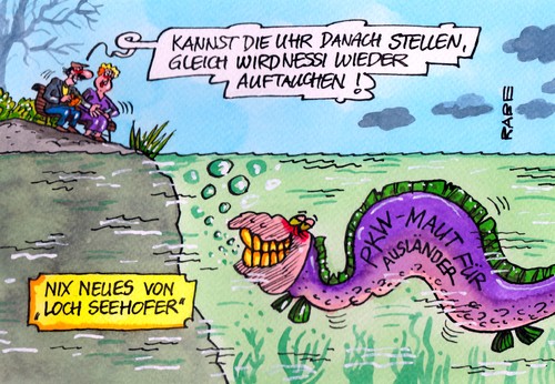 Cartoon: Loch Seehofer (medium) by RABE tagged maut,autofahrer,horst,seehofer,csu,bayern,ausländer,gebühren,euro,rabe,ralf,böhme,cartoon,karikatur,pressezeichnung,farbcartoon,loch,ness,lochness,see,seeungeheuer,nessi,pkw,neues,news,seeufer,bedingung,regierungsbeteiligung,bundesregierung,bundestagswahl,koalitionsvertrag,koalition,merkel,schwarzgelb,einnahmequelle,maut,autofahrer,horst,seehofer,csu,bayern,ausländer,gebühren,euro,rabe,ralf,böhme,cartoon,karikatur,pressezeichnung,farbcartoon,loch,ness,lochness,see,seeungeheuer,nessi,pkw,neues,news,seeufer,bedingung,regierungsbeteiligung,bundesregierung,bundestagswahl,koalitionsvertrag,koalition,merkel,schwarzgelb,einnahmequelle