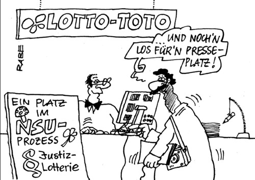 Cartoon: Lotto-Toto (medium) by RABE tagged olg,münchen,presse,presseplätze,berichterstattung,medien,los,losverfahren,auslosung,niete,nsu,nazi,ausländer,türken,griechen,rabe,ralf,böhme,cartoon,karikatur,lotto,toto,lotterie,justiz,sitzplatz,reporter,olg,münchen,presse,presseplätze,berichterstattung,medien,los,losverfahren,auslosung,niete,nsu,nazi,ausländer,türken,griechen,rabe,ralf,böhme,cartoon,karikatur,lotto,toto,lotterie,justiz,sitzplatz,reporter