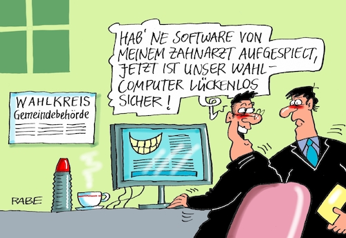 Cartoon: Lückenlos sicher (medium) by RABE tagged martin,schulz,spd,wahlkampf,bundestagswahl,beamte,rentenkasse,rabe,ralf,böhme,cartoon,karikatur,pressezeichnung,farbcartoon,tagescartoon,rentner,nahles,gleichberechtigung,wahlergebnis,hacker,wahlcomputer,gemeinderechner,schutz,chaoscomputerclub,pc,wahlkreise,manipulation,netz,internet,zahnarzt,zahnlücke,merkel,kanzlerin,ausspionieren,martin,schulz,spd,wahlkampf,bundestagswahl,beamte,rentenkasse,rabe,ralf,böhme,cartoon,karikatur,pressezeichnung,farbcartoon,tagescartoon,rentner,nahles,gleichberechtigung,wahlergebnis,hacker,wahlcomputer,gemeinderechner,schutz,chaoscomputerclub,pc,wahlkreise,manipulation,netz,internet,zahnarzt,zahnlücke,merkel,kanzlerin,ausspionieren