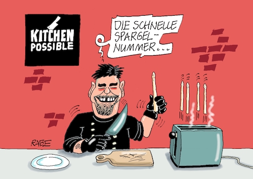 Cartoon: Mälzers Spargelnummer (medium) by RABE tagged spargel,spargelzeit,spargelesser,sparer,spargeld,rabe,ralf,böhme,cartoon,karikatur,pressezeichnung,farbcartoon,tagescartoon,saison,spargelsaison,tim,mälzer,fernsehkoch,kitchen,impossible,possible,koch,star,toast,toaster,spargel,spargelzeit,spargelesser,sparer,spargeld,rabe,ralf,böhme,cartoon,karikatur,pressezeichnung,farbcartoon,tagescartoon,saison,spargelsaison,tim,mälzer,fernsehkoch,kitchen,impossible,possible,koch,star,toast,toaster