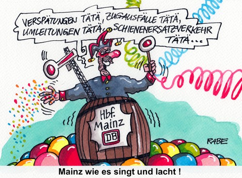 Cartoon: Mainzer Karneval (medium) by RABE tagged mainz,hauptbahnhof,stellwerk,deutsche,bahn,personalprobleme,urlaub,reisende,umleitung,verspätung,zugausfälle,rabe,ralf,böhme,cartoon,karikatur,pressezeichnung,farbcartoon,karneval,bütt,luftballone,konfetti,luftschlange,büttenredner,tätä,schienenersatzverkehr,fahrdienstleiter,mainz,hauptbahnhof,stellwerk,deutsche,bahn,personalprobleme,urlaub,reisende,umleitung,verspätung,zugausfälle,rabe,ralf,böhme,cartoon,karikatur,pressezeichnung,farbcartoon,karneval,bütt,luftballone,konfetti,luftschlange,büttenredner,tätä,schienenersatzverkehr,fahrdienstleiter