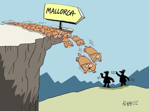 Cartoon: Mallelemminge (medium) by RABE tagged virus,corona,pandemie,coronakrise,rabe,ralf,böhme,cartoon,karikatur,pressezeichnung,farbcartoon,tagescartoon,viren,virenschutz,mundschutz,desinfektion,föderal,föderalismus,ländersache,lockerungen,urlauber,reisewarnungen,mallorca,lemminge,schlucht,absturz,virus,corona,pandemie,coronakrise,rabe,ralf,böhme,cartoon,karikatur,pressezeichnung,farbcartoon,tagescartoon,viren,virenschutz,mundschutz,desinfektion,föderal,föderalismus,ländersache,lockerungen,urlauber,reisewarnungen,mallorca,lemminge,schlucht,absturz