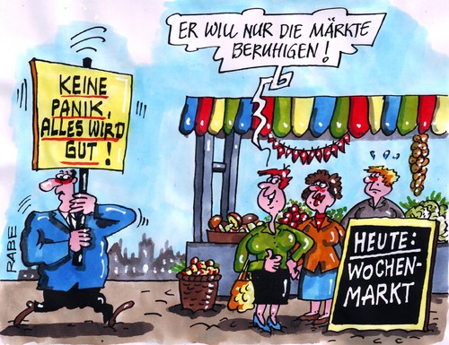 Cartoon: Marktberuhigung (medium) by RABE tagged finanzmärkte,markt,marktberuhigung,wirtschafzsmarkt,wochenmarkt,trödelmarkt,jahrmarkt,euro,eurokrise,schuldenkrise,eurobond,eu,brüssel,rettungsschirm,staatschefs,merkel,cdu,fdp,sarkozy,frankreich,paris,deutschland,berlin,krisentreffen,spitzentreffen,pleit,eurozone,staatsanleihen,wertpapiere,aktien,börse,panik,beruhigung,bundesregierung,zinslast,koalitionsbruch,schuldverschreibung,gipfel,ausweg,banken,finanzmärkte,markt,marktberuhigung,wirtschafzsmarkt,wochenmarkt,trödelmarkt,jahrmarkt,euro,eurokrise,brüssel,rettungsschirm