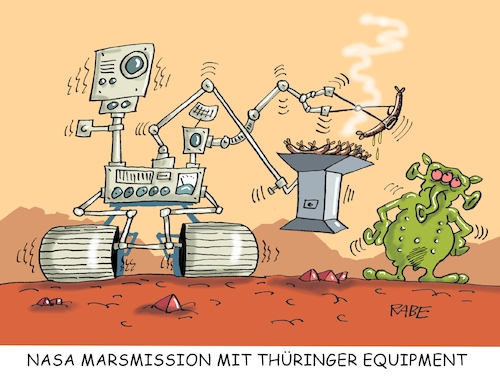 Cartoon: Marsmission (medium) by RABE tagged trump,usa,president,bolton,literatur,bücher,rabe,ralf,böhme,cartoon,karikatur,pressezeichnung,farbcartoon,tagescartoon,nasa,mars,marsmission,equipment,marsmännchen,thüringen,grill,rost,bratwurst,marsrover,rover,rakete,weltall,himmelskörper,perseverance,technik,jena,trump,usa,president,bolton,literatur,bücher,rabe,ralf,böhme,cartoon,karikatur,pressezeichnung,farbcartoon,tagescartoon,nasa,mars,marsmission,equipment,marsmännchen,thüringen,grill,rost,bratwurst,marsrover,rover,rakete,weltall,himmelskörper,perseverance,technik,jena