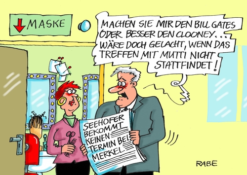 Cartoon: Maskenbildner (medium) by RABE tagged horst,seehofer,csu,bayern,verfassungsklage,merkel,kanzlerin,spitzentreffen,spitzengespräch,flüchtlinge,flüchtlingskrise,obergrenze,rabe,rallf,böhme,cartoon,karikatur,pressezeichnung,farbcartoon,tagescartoon,maske,maskenbildnerin,clooney,gates,horst,seehofer,csu,bayern,verfassungsklage,merkel,kanzlerin,spitzentreffen,spitzengespräch,flüchtlinge,flüchtlingskrise,obergrenze,rabe,rallf,böhme,cartoon,karikatur,pressezeichnung,farbcartoon,tagescartoon,maske,maskenbildnerin,clooney,gates