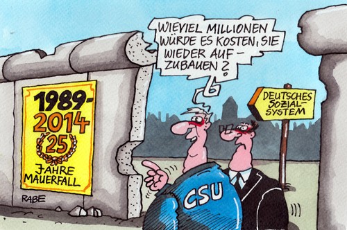 Cartoon: Mauerbauer (medium) by RABE tagged csu,seehofer,bayern,ministerpräsident,einwanderrer,millionen,eu,brüssel,konfrontation,sozialleistungen,sozialhilfe,rumänen,bulgaren,euroländer,rabe,ralf,böhme,cartoon,karikatur,pressezeichnung,farbcartoon,armut,armutsdebatte,armutszuwanderer,fachkräfte,grundsicherung,kindergeld,arbeitslosengeld,leistungen,existenzsicherung,deutschland,arbeit,mauer,mauerbau,stattsgrenze,grenzer,grenzsoldaten,mauerfall,wende,einheit,mauerdurchbruch,ddr,sed,schutzwall,minenfeld,stacheldraht,flucht,zone,zonengrenze,ostzone,csu,seehofer,bayern,ministerpräsident,einwanderrer,millionen,eu,brüssel,konfrontation,sozialleistungen,sozialhilfe,rumänen,bulgaren,euroländer,rabe,ralf,böhme,cartoon,karikatur,pressezeichnung,farbcartoon,armut,armutsdebatte,armutszuwanderer,fachkräfte,grundsicherung,kindergeld,arbeitslosengeld,leistungen,existenzsicherung,deutschland,arbeit,mauer,mauerbau,stattsgrenze,grenzer,grenzsoldaten,mauerfall,wende,einheit,mauerdurchbruch,ddr,sed,schutzwall,minenfeld,stacheldraht,flucht,zone,zonengrenze,ostzone