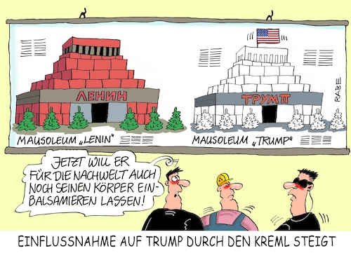 Cartoon: Mausoleum Trump (medium) by RABE tagged russlan,moskau,präsidentenwahl,kreml,kremlchef,putin,rabe,ralf,böhme,cartoon,karikatur,pressezeichnung,farbcartoon,tagescartoon,trump,präsident,usa,mausoleum,lenin,einbalsamierung,bauwerk,gruft,bauplan,nachwelt,einflußnahme,geheimdienste,spione,spionage,agentin,botschaft,cia,fbi,wahlkampfbeinflussung,russlan,moskau,präsidentenwahl,kreml,kremlchef,putin,rabe,ralf,böhme,cartoon,karikatur,pressezeichnung,farbcartoon,tagescartoon,trump,präsident,usa,mausoleum,lenin,einbalsamierung,bauwerk,gruft,bauplan,nachwelt,einflußnahme,geheimdienste,spione,spionage,agentin,botschaft,cia,fbi,wahlkampfbeinflussung