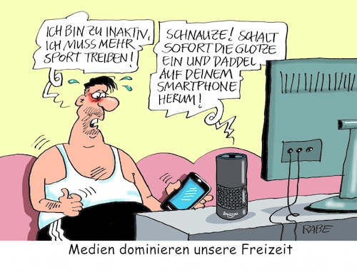 Cartoon: Medien dominieren (medium) by RABE tagged freizeit,medien,dominierung,tablet,smartphone,tv,fernseher,daddeln,freizeitbeschäftigung,deutsche,radio,telefonieren,sozialkontakte,freizeitereignisse,rabe,ralf,böhme,cartoon,karikatur,pressezeichnung,farbcartoon,tagescartoon,couch,bewegungsarmut,sport,aktivitäten,körper,laufen,bewegung,amazon,alexa,who,freizeit,medien,dominierung,tablet,smartphone,tv,fernseher,daddeln,freizeitbeschäftigung,deutsche,radio,telefonieren,sozialkontakte,freizeitereignisse,rabe,ralf,böhme,cartoon,karikatur,pressezeichnung,farbcartoon,tagescartoon,couch,bewegungsarmut,sport,aktivitäten,körper,laufen,bewegung,amazon,alexa,who