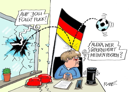 Cartoon: Merkel Ballaballa (medium) by RABE tagged hansi,flick,jogi,löw,bundestrainer,em,fußballtrainer,fußball,mannschaft,rabe,ralf,böhme,cartoon,karikatur,pressezeichnung,farbcartoon,tagescartoon,kanzlerin,merkel,kanzleramt,bundestagswahl,nachfolger,postenübernahme,alexa,amazon,hansi,flick,jogi,löw,bundestrainer,em,fußballtrainer,fußball,mannschaft,rabe,ralf,böhme,cartoon,karikatur,pressezeichnung,farbcartoon,tagescartoon,kanzlerin,merkel,kanzleramt,bundestagswahl,nachfolger,postenübernahme,alexa,amazon