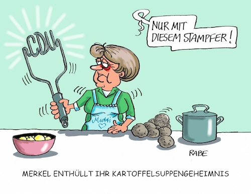 Cartoon: Merkels Kartoffelsuppe (medium) by RABE tagged merkel,kanzlerin,wahlkampf,bundestagswahl,cdu,union,rabe,ralf,böhme,cartoon,karikatur,pressezeichnung,farbcartoon,tagescartoon,martin,schulz,spd,umfragewerte,kartoffelsuppe,rezept,kartoffeln,kartoffelstampfer,püriergerät,merkel,kanzlerin,wahlkampf,bundestagswahl,cdu,union,rabe,ralf,böhme,cartoon,karikatur,pressezeichnung,farbcartoon,tagescartoon,martin,schulz,spd,umfragewerte,kartoffelsuppe,rezept,kartoffeln,kartoffelstampfer,püriergerät