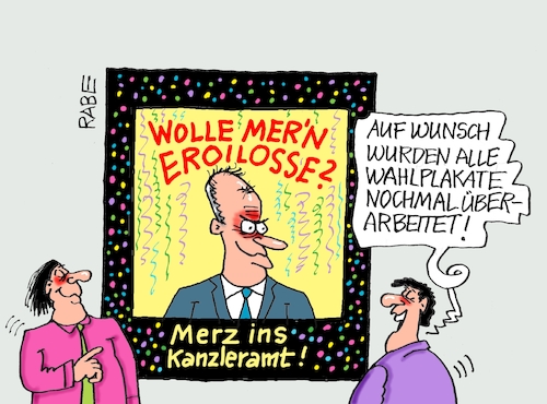 Cartoon: Merz ins Kanzleramt (medium) by RABE tagged ampel,ampelregierung,rot,grün,gelb,fdp,spd,grüne,rabe,ralf,böhme,cartoon,karikatur,pressezeichnung,farbcartoon,tagescartoon,inflation,einkommen,rente,rentenpaket,bruch,streit,neuwahlen,wahlkampf,wahlplakat,wahlwerbung,kanzleramt,scholz,merz,karneval,fasching,luftschlangen,konfetti,ampel,ampelregierung,rot,grün,gelb,fdp,spd,grüne,rabe,ralf,böhme,cartoon,karikatur,pressezeichnung,farbcartoon,tagescartoon,inflation,einkommen,rente,rentenpaket,bruch,streit,neuwahlen,wahlkampf,wahlplakat,wahlwerbung,kanzleramt,scholz,merz,karneval,fasching,luftschlangen,konfetti