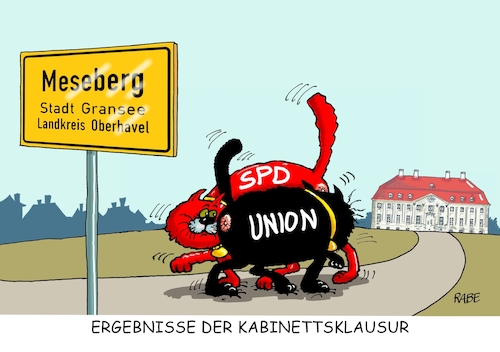 Cartoon: Meseberger Beschnupperung (medium) by RABE tagged sonderparteitag,spd,martin,schulz,ja,groko,koalitionsverhandlungen,rabe,ralf,böhme,cartoon,karikatur,pressezeichnung,farbcartoon,tagescartoon,merkel,union,genossen,meseberg,schloß,kabinett,kabinettsklausur,klausur,tagung,ergebnisse,ortschild,katzen,beschnuppern,schnuppern,sonderparteitag,spd,martin,schulz,ja,groko,koalitionsverhandlungen,rabe,ralf,böhme,cartoon,karikatur,pressezeichnung,farbcartoon,tagescartoon,merkel,union,genossen,meseberg,schloß,kabinett,kabinettsklausur,klausur,tagung,ergebnisse,ortschild,katzen,beschnuppern,schnuppern