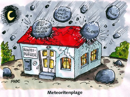 Cartoon: Meteoritenregen (medium) by RABE tagged eu,krise,rettungspaket,hilfspaket,rettungsschirm,euro,rettungsring,bundesregierung,kanzlerin,merkel,cdu,fdp,brüssel,währungsfond,koalition,schwarzgelb,wirtschaftsminister,finanzminister,schäuble,portugal,griechenland,irland,italien,spanien,haus,eigentumswohnung,bürger,bundesbürger,michel,belastung,meteoriten,meteoritenhagel,meteoritenplage,meteoritenregen,sternenregen,sternschnuppe,krater,währungskommissar,reformkurs,wirtschaftsreform,finanzzentrum,milliardenpaket,kassenhüter,iwf,aufsichtsratschuldenkrise,schulden,krise,eu,rettungspaket,hilfspaket,rettungsschirm,euro,rettungsring,bundesregierung,merkel,kanzlerin,fdp,cdu,brüssel