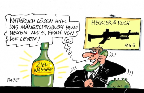 Cartoon: MG Heckler und Koch (medium) by RABE tagged maschinengewehr,gefünf,heckler,koch,fehler,zielgenauigkeit,waffenexport,von,der,leyen,bundeswehr,sturmgewehr,nachlieferung,mängel,soldaten,ausrüstung,rabe,ralf,böhme,cartoon,karikatur,pressezeichnung,farbcartoon,tagescartoon,zielwasser,mängelbeseitigung,maschinengewehr,gefünf,heckler,koch,fehler,zielgenauigkeit,waffenexport,von,der,leyen,bundeswehr,sturmgewehr,nachlieferung,mängel,soldaten,ausrüstung,rabe,ralf,böhme,cartoon,karikatur,pressezeichnung,farbcartoon,tagescartoon,zielwasser,mängelbeseitigung