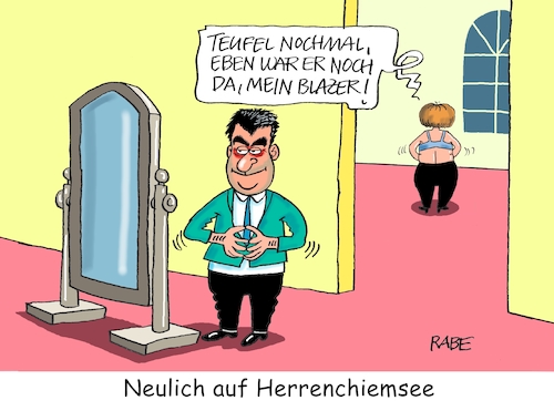 Cartoon: Modenschau (medium) by RABE tagged virus,corona,pandemie,coronakrise,rabe,ralf,böhme,cartoon,karikatur,pressezeichnung,farbcartoon,tagescartoon,viren,virenschutz,mundschutz,desinfektion,föderal,föderalismus,ländersache,markus,söder,csu,landtagssitzung,bayern,merkel,kanzlerin,union,chiemsee,herrenchiemsee,blazer,kanzlerkandidat,virus,corona,pandemie,coronakrise,rabe,ralf,böhme,cartoon,karikatur,pressezeichnung,farbcartoon,tagescartoon,viren,virenschutz,mundschutz,desinfektion,föderal,föderalismus,ländersache,markus,söder,csu,landtagssitzung,bayern,merkel,kanzlerin,union,chiemsee,herrenchiemsee,blazer,kanzlerkandidat