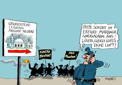 Cartoon: Moscheebau (medium) by RABE tagged moschee,moscheeneubau,moscheegrundsteinlegung,erfurt,marbach,thüringen,ministerpräsident,ramelow,rot,grün,demo,pro,kontra,rechte,linke,gewalt,polizei,rabe,ralf,böhme,cartoon,karikatur,pressezeichnung,farbcartoon,tagescartoon,smog,smogalarm,neonazis,moschee,moscheeneubau,moscheegrundsteinlegung,erfurt,marbach,thüringen,ministerpräsident,ramelow,rot,grün,demo,pro,kontra,rechte,linke,gewalt,polizei,rabe,ralf,böhme,cartoon,karikatur,pressezeichnung,farbcartoon,tagescartoon,smog,smogalarm,neonazis