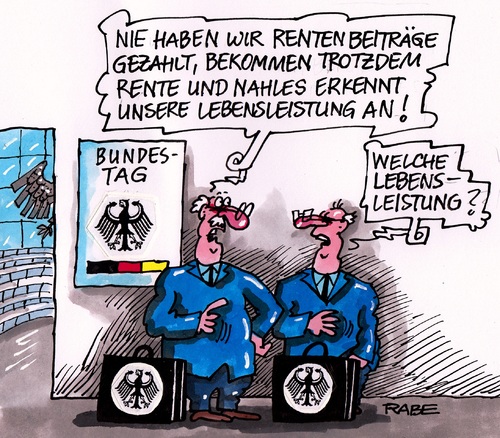 Cartoon: Nahlesrente 1 (medium) by RABE tagged rentendebatte,bundesregierung,bundestag,lebensleistung,rentenkasse,rentenbeiträge,rentner,rentendiskussion,rente,spd,nahle,andrea,pressezeichnung,karikatur,cartoon,böhme,ralf,rabe,abgeordnete,pflicht,beiträge,generationsgerecht,generation,rentenpläne,rentenpaket,dreiundsechzig,farbcartoon,andrea,nahle,spd,rente,rentendiskussion,rentner,rentenbeiträge,rentenkasse,lebensleistung,bundestag,bundesregierung,rentendebatte,abgeordnete,rabe,ralf,böhme,cartoon,karikatur,pressezeichnung,farbcartoon,dreiundsechzig,rentenpaket,rentenpläne,generation,generationsgerecht,beiträge,pflicht