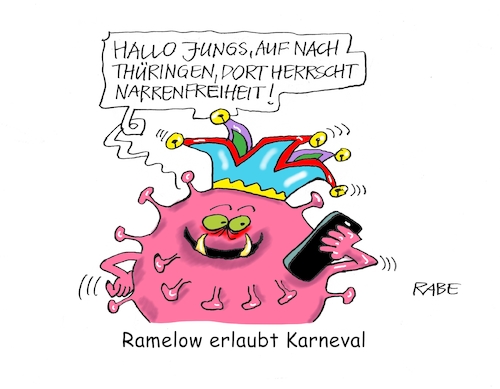 Cartoon: Narrenfreiheit (medium) by RABE tagged virus,corona,pandemie,coronakrise,rabe,ralf,böhme,cartoon,karikatur,pressezeichnung,farbcartoon,tagescartoon,viren,virenschutz,mundschutz,desinfektion,föderal,föderalismus,ländersache,thüringen,bodo,ramelow,karneval,narren,karnevalsfeier,lockerungen,abstandsregeln,maskenpflicht,virus,corona,pandemie,coronakrise,rabe,ralf,böhme,cartoon,karikatur,pressezeichnung,farbcartoon,tagescartoon,viren,virenschutz,mundschutz,desinfektion,föderal,föderalismus,ländersache,thüringen,bodo,ramelow,karneval,narren,karnevalsfeier,lockerungen,abstandsregeln,maskenpflicht