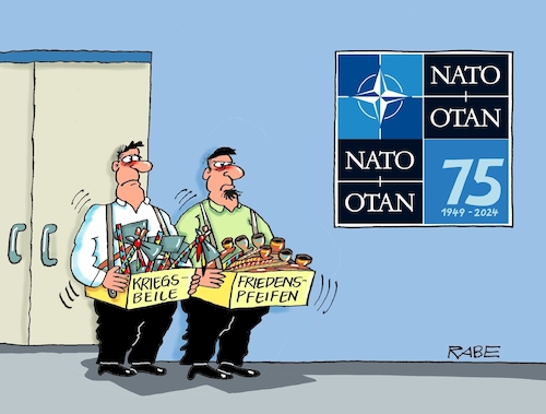 Cartoon: Nato feiert (medium) by RABE tagged bundeswehr,pistorius,kriegstüchtigkeit,deutschland,armee,cartoon,karikatur,pressezeichnung,farbcartoon,tagescartoon,kriegsführung,nato,feier,jubiläum,militärbündnis,militärpakt,bauchladen,bauchläden,frieden,friedenspfeifen,kriegsbeile,bundeswehr,pistorius,kriegstüchtigkeit,deutschland,armee,cartoon,karikatur,pressezeichnung,farbcartoon,tagescartoon,kriegsführung,nato,feier,jubiläum,militärbündnis,militärpakt,bauchladen,bauchläden,frieden,friedenspfeifen,kriegsbeile