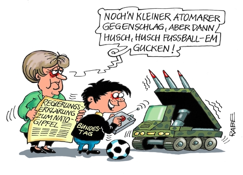 Cartoon: Natogipfel (medium) by RABE tagged merkel,kanzlerin,bundestag,nato,regierungserklärung,natogipfel,ukraine,russland,ukrainekrise,putin,stationierung,rabe,ralf,böhme,cartoons,karikatur,pressezeichnung,farbcartoon,tagescartoon,raketen,atomschlag,fußbal,em,paris,deutschland,frankreich,halbfinale,löw,merkel,kanzlerin,bundestag,nato,regierungserklärung,natogipfel,ukraine,russland,ukrainekrise,putin,stationierung,rabe,ralf,böhme,cartoons,karikatur,pressezeichnung,farbcartoon,tagescartoon,raketen,atomschlag,fußbal,em,paris,deutschland,frankreich,halbfinale,löw